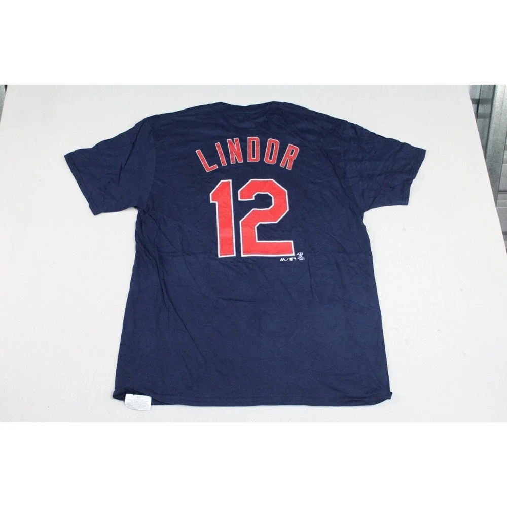 Cleveland Indians Men Blue Shirt Spell Out Lindor 12 Casual Majestic Size Large